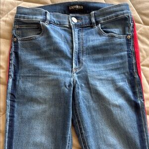 Express Blue Skinny Jeans with Red Stripe
